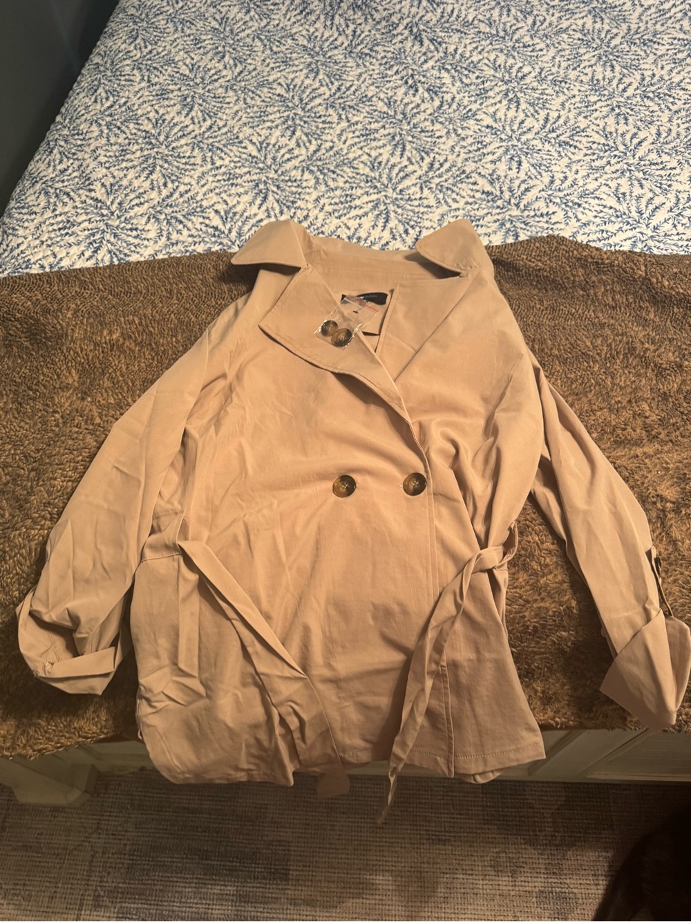 Alice Blue Beige Double-Breasted Trench Coat with Waist Tie